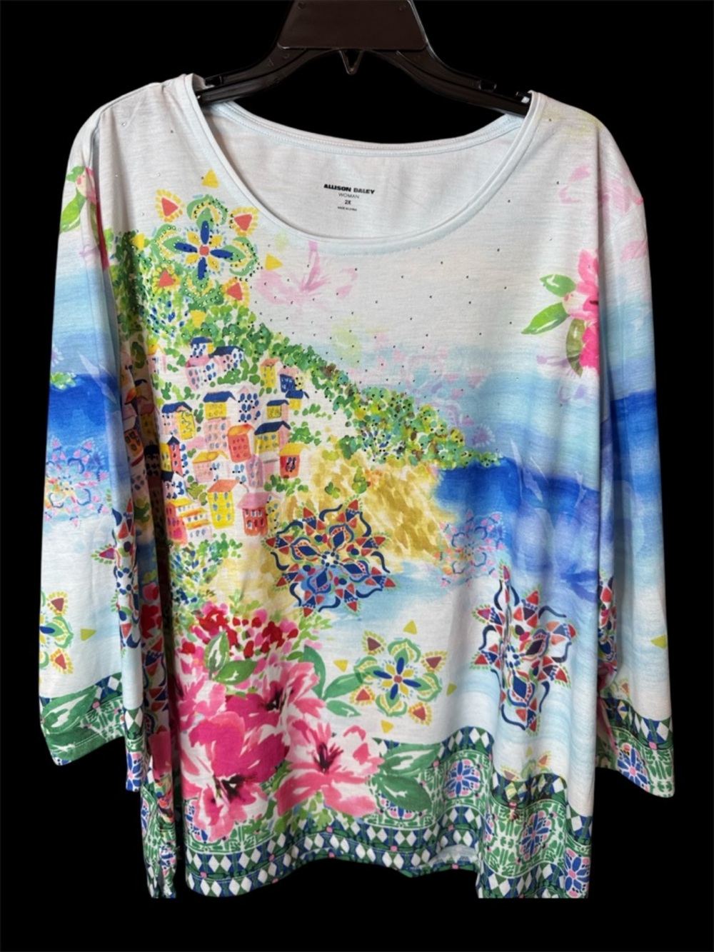 NEW Allison Daley Beautiful Woman  2x Tunic Top Mediterranean Village Rhinestone